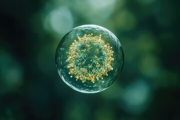 A microscopic view of a delicate, flower-like organism encased within a transparent sphere, against a blurred green background.