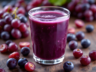 Fresh grape juice in glass with grapes on wooden table for healthy diet