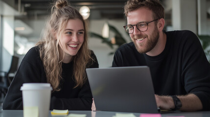 Creative duo leans in, smiling as they review digital content on sleek laptop, sticky notes and coffee cups scattered across shared workspace