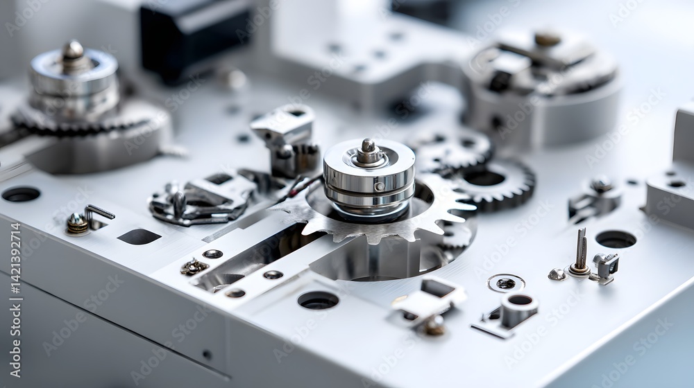Fototapete detailed view of various metallic gears cogs and other precision engineering components used in indu