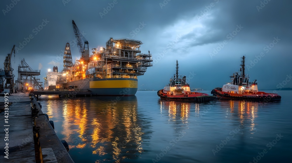 Aufkleber dramatic nighttime scene at an active industrial seaport with powerful tugboats assisting a massive 