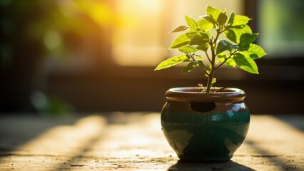 Small plant in ceramic pot with sunlight and growth potential