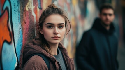 Naklejka premium Young woman and man leaning against a colorful graffiti wall