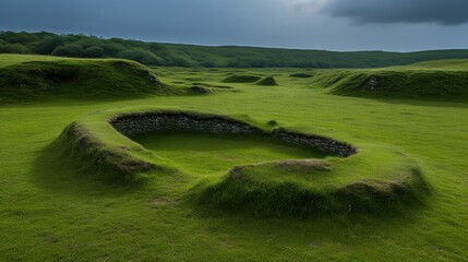Obraz premium Green grassy landscape featuring ancient circular stone structures
