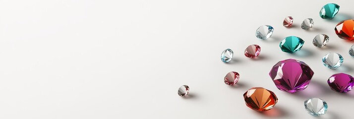 Colorful gems scattered on a bright background featuring a prominent gem at the center ideal for designs requiring modern elegance and luxury elements