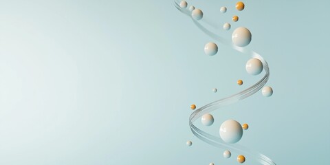 Fototapeta premium A blue background with a spiral of white and orange spheres. The spheres are scattered throughout the image, with some closer to the center and others further away. Scene is one of movement and energy