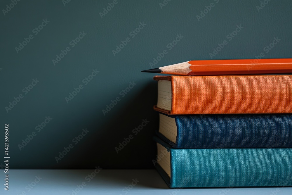 Aufkleber a stack of three colorful books with a pencil on top, representing education and knowledge.