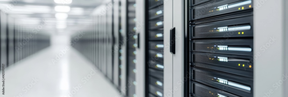 Poster modern data center server racks with space for text showcasing data management and digital infrastru