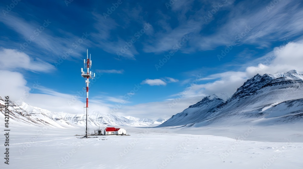Poster Isolated Arctic research station with a sensor array for collecting atmospheric pressure and climate data in a remote snow covered landscape with majestic mountains in the background