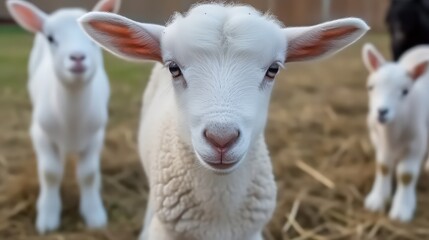 Obraz premium Closeup of young white lambs in a natural farm setting outdoors