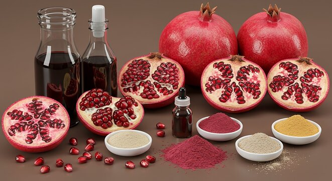 Pomegranate Punica Granatum Derivative Products Mockup Highlighting Seed Structure and Arils on Brown Background