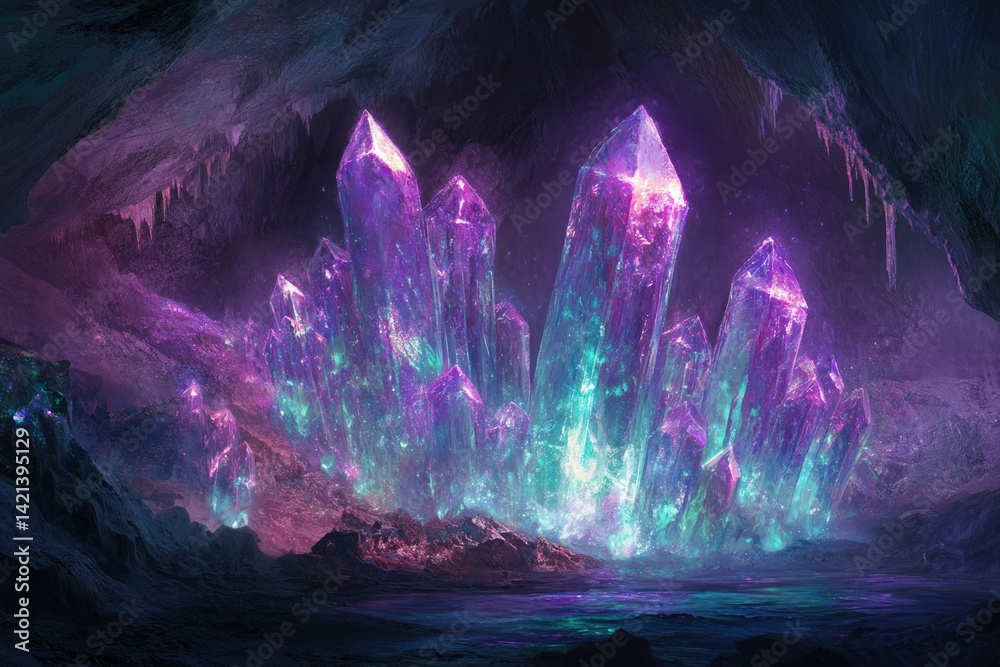 Poster luminous purple and teal crystals illuminate a mystical cave, creating an ethereal and enchanting sc