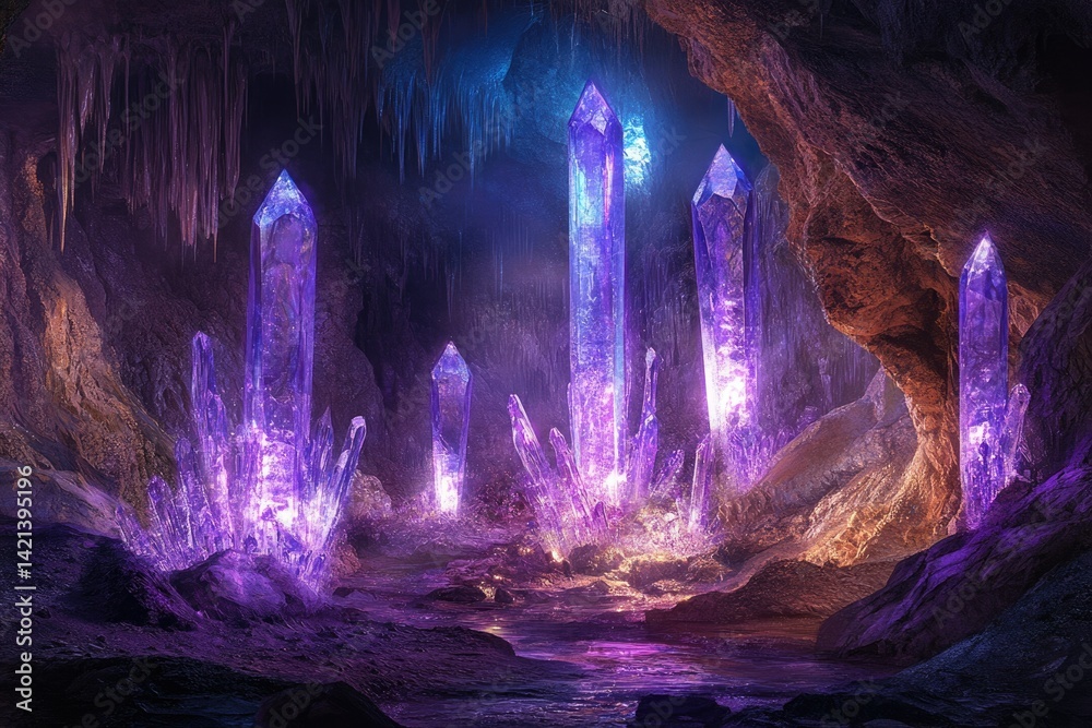 Poster a mystical cave filled with glowing purple crystals, creating a magical and enchanting atmosphere.