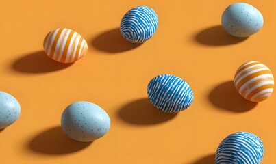 Fototapeta premium patterned easter eggs on an orange background, tones are orange and blue, Generative AI