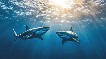 Naklejka premium Two Great White Sharks in Sunlight Underwater