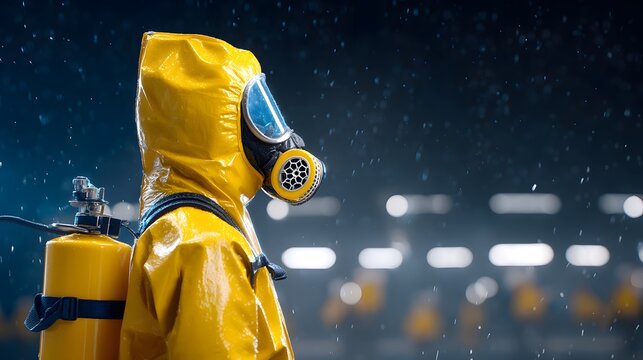 Profile view of a hazmat suited worker with their outline defined by intense rim lighting against a blurred industrial background