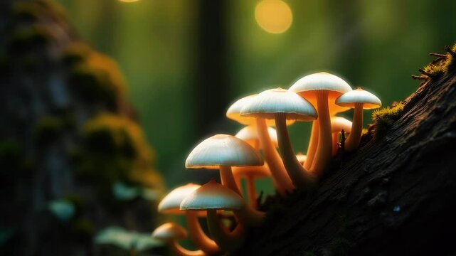 Glowing mushrooms cluster on a mossy log in a serene forest, with soft light filtering through trees