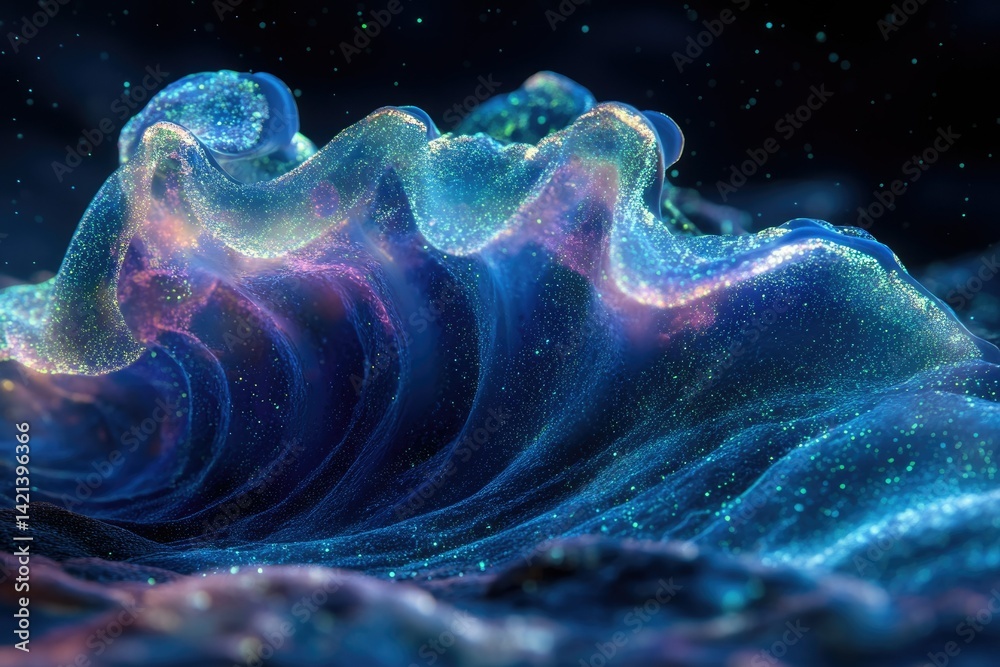 Poster abstract digital art depicting a luminous, wave-like formation with glowing particles, resembling a 