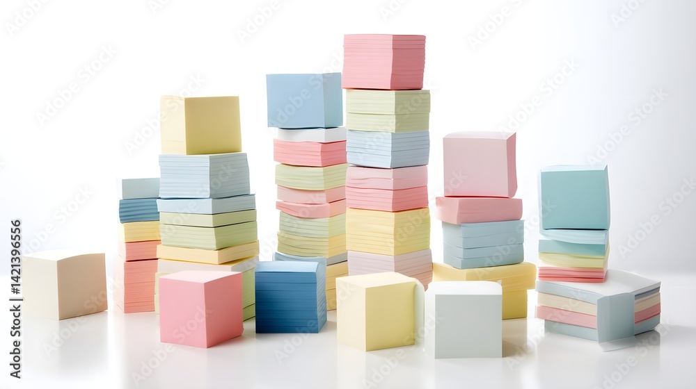Poster Stacked arrangement of various colored pastel sticky notes on a plain white background creating a simple minimalist and visually appealing composition