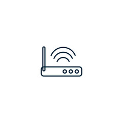 Line icon of a wireless WiFi router. Minimalist outline style representing internet connection, home networking, or wireless communication. Vector illustration isolated on a white background.

