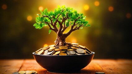 Bonsai tree growing in bowl of coins symbolizing wealth