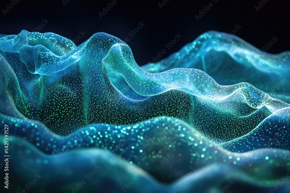 Poster abstract turquoise waves with glowing particles, resembling a digital landscape or flowing data.