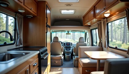 RV interior rustic wood-paneled brown warm cozy comfortable mobile living travel