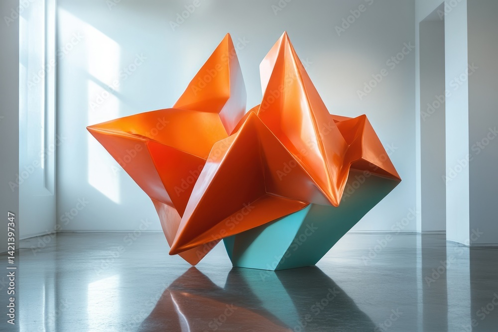 Leinwandbilder abstract orange and teal sculpture with sharp angles and geometric shapes, reflecting light in a min