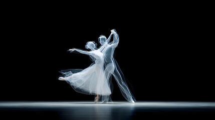 Two graceful stylized silhouettes of a glass couple dancing in an elegant flowing ballroom inspired pose against a dark background