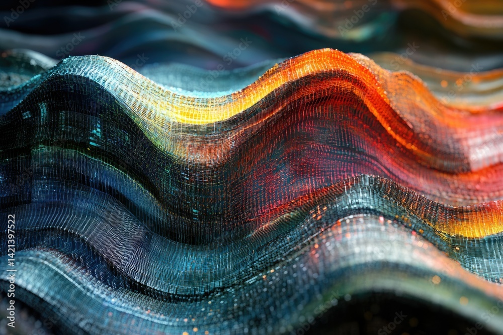 Aufkleber abstract digital wave, vibrant colors, intricate mesh texture, flowing data visualization.