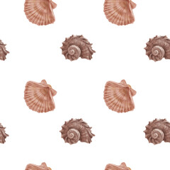 Scallop, beige shells from the ocean floor. Seamless pattern. Watercolor illustration. Fan-shaped shells of light brown shades, isolated on a white background. For marine-style design