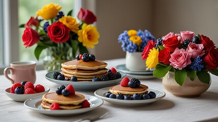 Brightly decorated table set for Mother's Day breakfast with pancakes.
