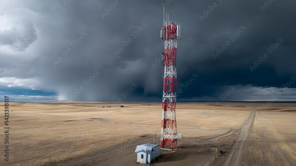Aufkleber weathered radar tower with red and white striped design standing tall in a remote field surrounded b
