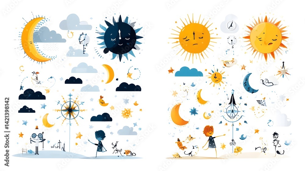 Poster Whimsical depicting the transition from night to morning with a playful visualization of the progression from sleep to wakefulness