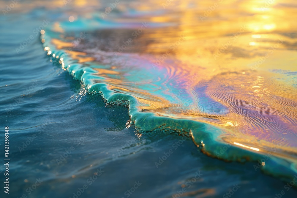 Poster a close-up of an iridescent oil slick on the ocean's surface, creating a mesmerizing blend of colors