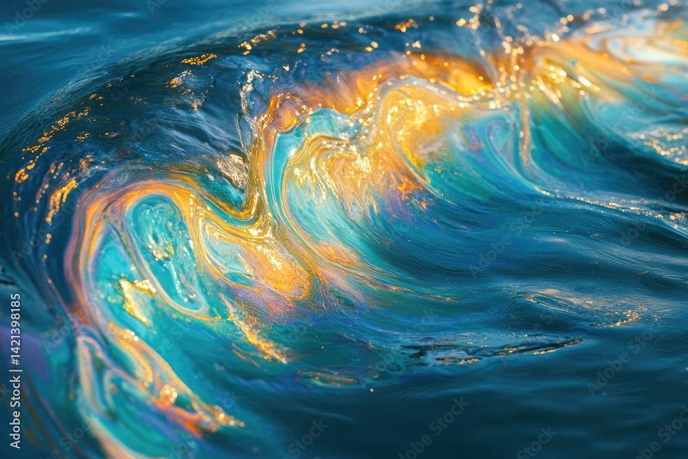 Poster abstract ocean wave with iridescent oil slick, swirling colors of blue, gold, and teal creating a me