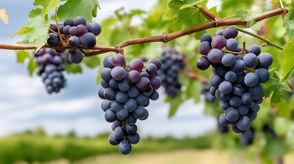 Fototapeta premium Fresh ripe purple grapes on a vine in a lush vineyard under a cloudy sky during the growing season