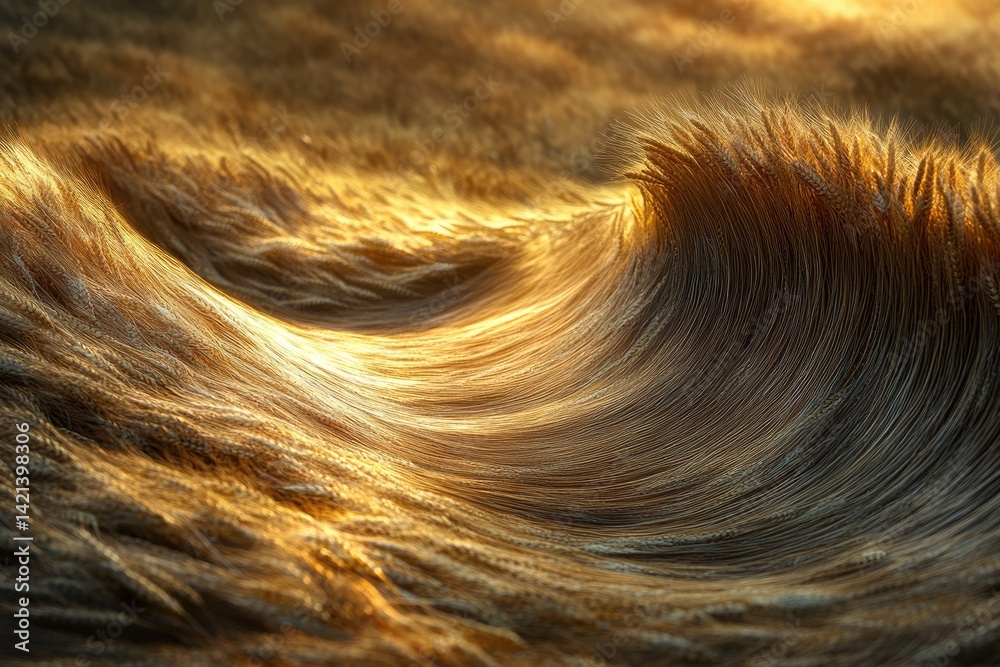 Poster golden wheat field forming a wave-like pattern, illuminated by sunlight.