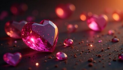 Brightly colored hearts and gemstones against deep brown,  backdrop,  romantic,  gemstones