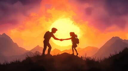 Fototapeta premium Silhouette Couple Holding Hands at Sunset Mountain Peak