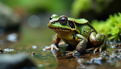 Fototapeta premium Camouflaged toad, mossy stream stone, wet surface, disguise, mossy, habitat
