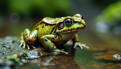 Camouflaged toad, mossy stream stone, wet surface, rock, slimy, river