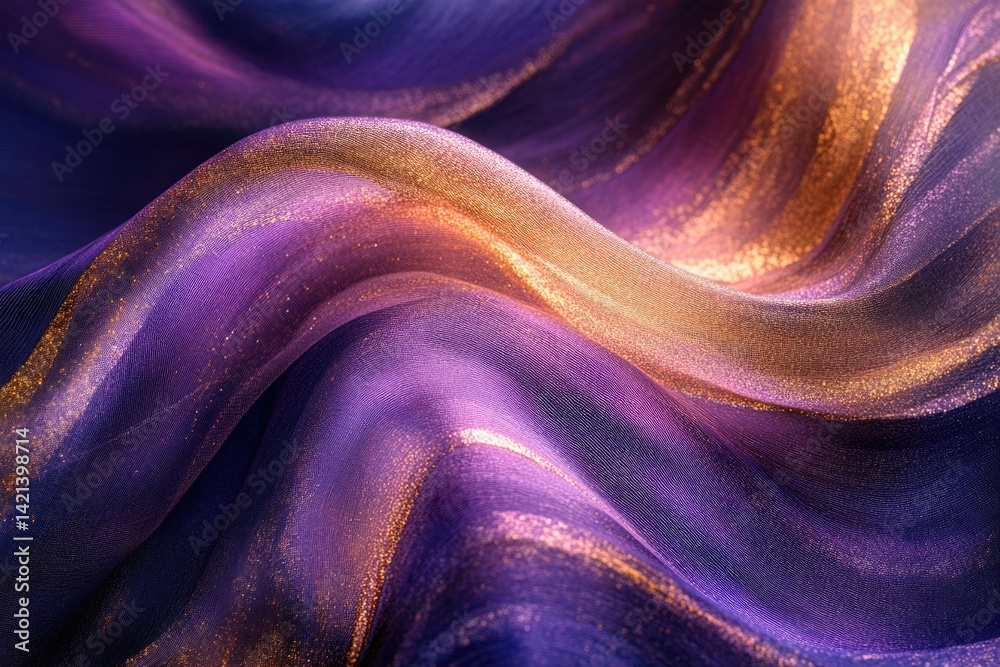 Aufkleber close-up of luxurious purple and gold fabric with shimmering texture, creating elegant waves and fol