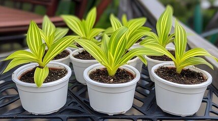 Obraz premium Variegated Chlorophytum Plants in White Pots, Green and Yellow Stripes