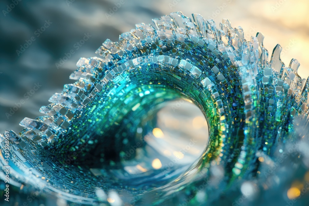 Poster abstract turquoise wave of digital data, swirling and shimmering with technological energy.