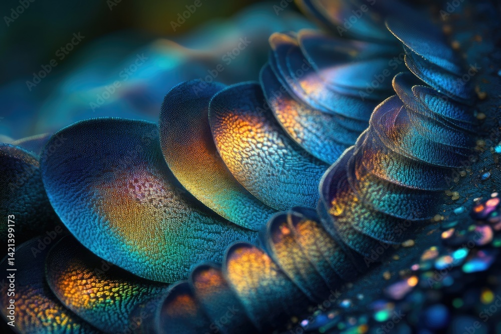 Poster intricate, iridescent scales shimmer with teal, gold, and blue hues, creating a mesmerizing abstract