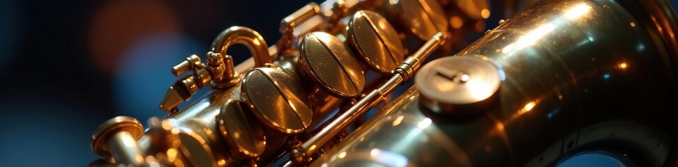 Fototapeta premium Close-up of saxophone; keys, valves, mouthpiece in focus, melody, playing