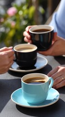 Three cups of coffee are being held