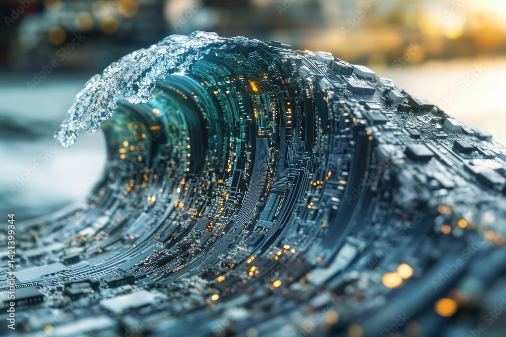 Poster A digital wave of circuit board crashing, symbolizing the powerful tide of technological innovation and digital transformation.