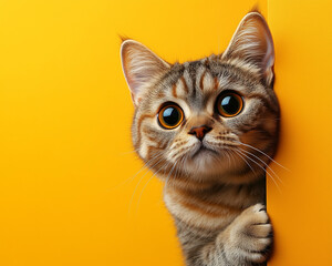 Obraz premium Close-up of a surprised British Shorthair cat, fur puffed, ears perked, big round eyes, orange background with empty space to the left. 